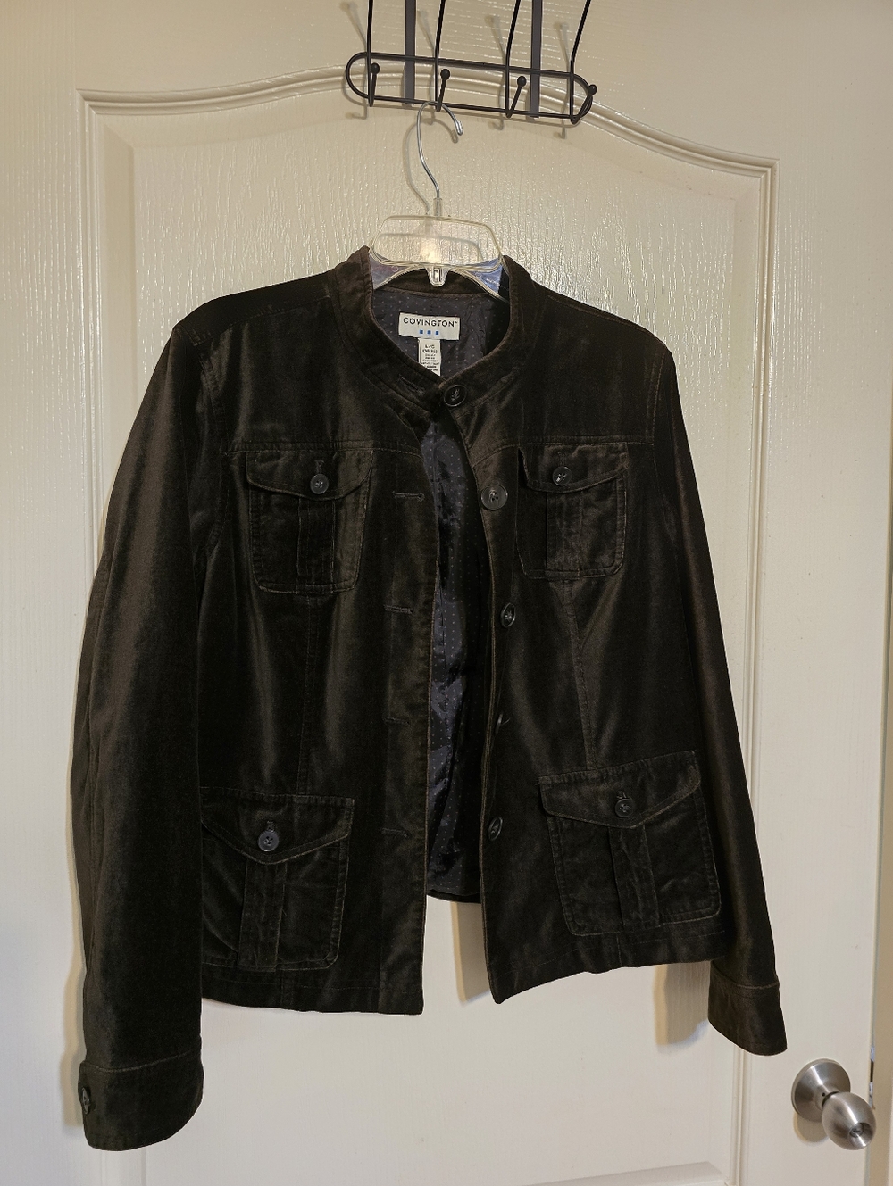 Covington Women's Dark Brown Velvet Button-Up Jacket, Mandarin Collar, XL